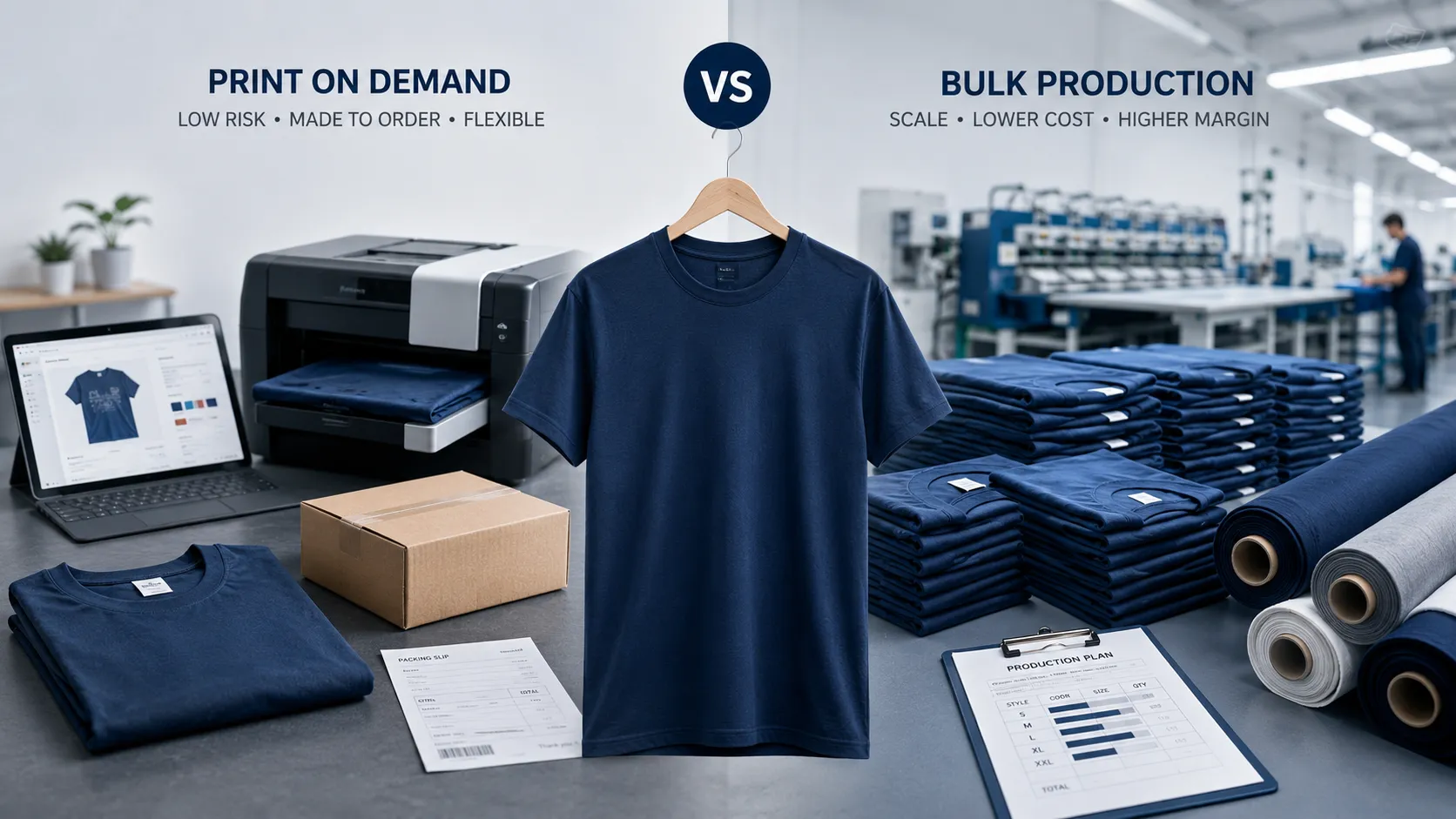Print on Demand vs สั่งผลิตเสื้อจริง แบบไหนคุ้มกว่าปี 2026